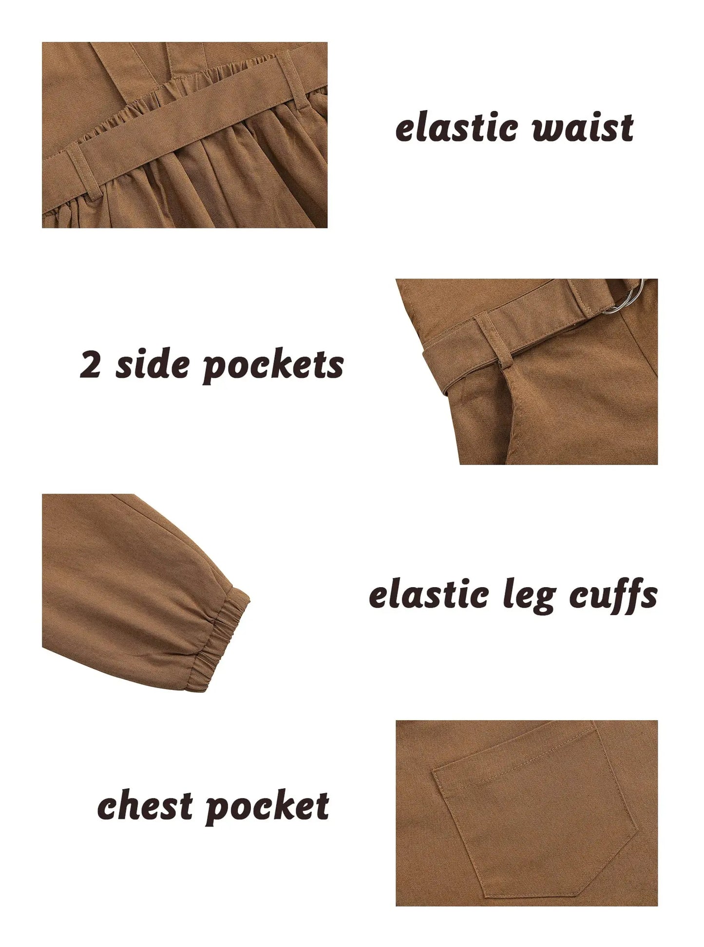 Feature detail of Toffee Town overalls showing elastic waist, two side pockets, chest pocket and elastic leg cuffs