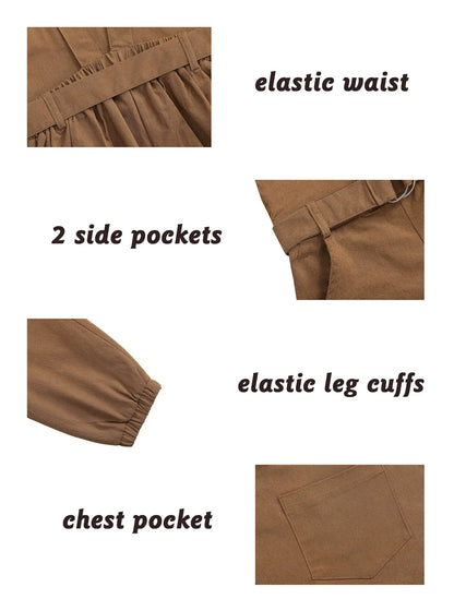 Feature detail of Toffee Town overalls showing elastic waist, two side pockets, chest pocket and elastic leg cuffs