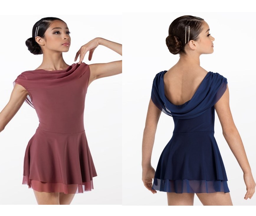 Minuet dusty rose cowl-back knee-length mesh dance dress, front and navy back view