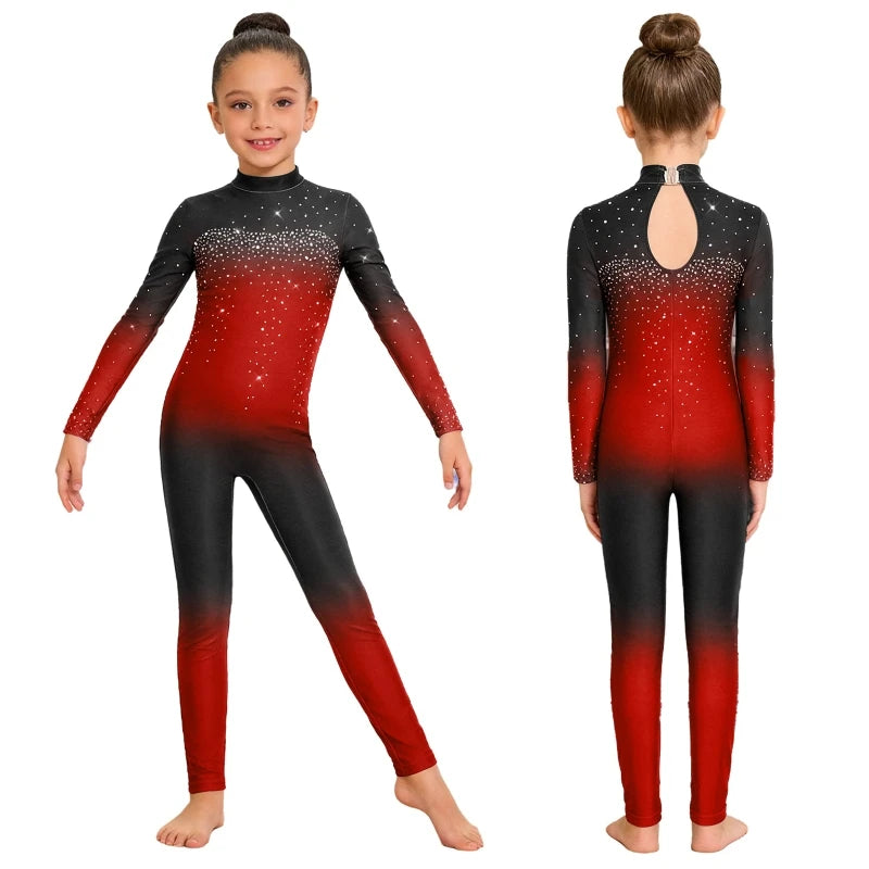 Comet Trail dance unitard in Red – black to red ombré with sparkle