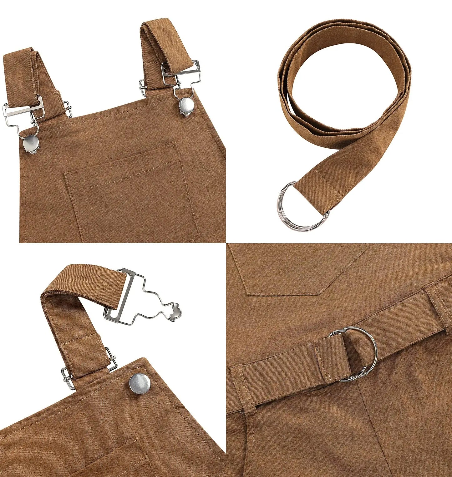 Close-up of Toffee Town overalls adjustable buckle straps, snap buttons and matching D-ring fabric belt
