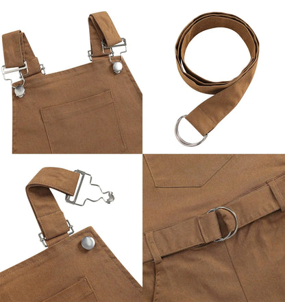 Close-up of Toffee Town overalls adjustable buckle straps, snap buttons and matching D-ring fabric belt