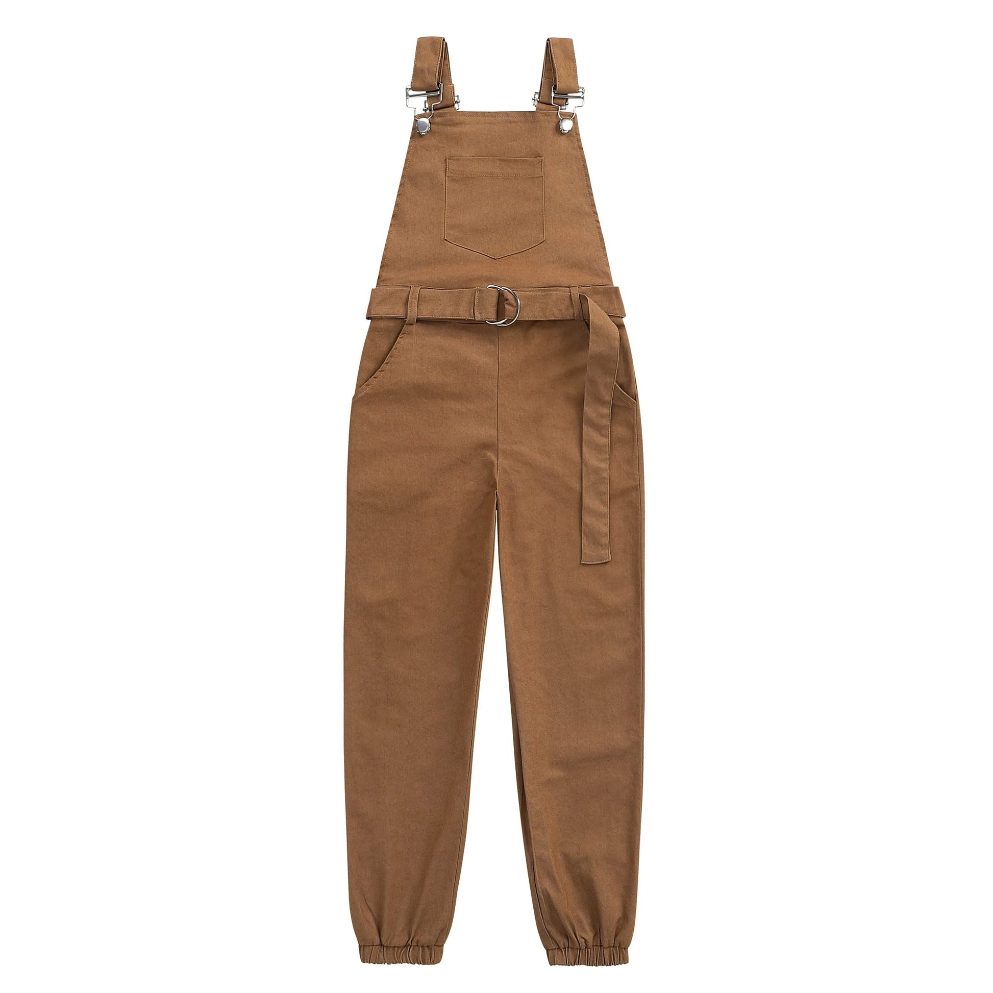 Toffee Town brown kids bib overalls with matching D-ring belt, front view