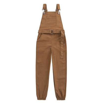 Toffee Town brown kids bib overalls with matching D-ring belt, front view