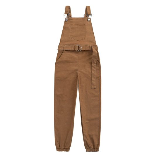 Toffee Town brown kids bib overalls with matching D-ring belt, front view