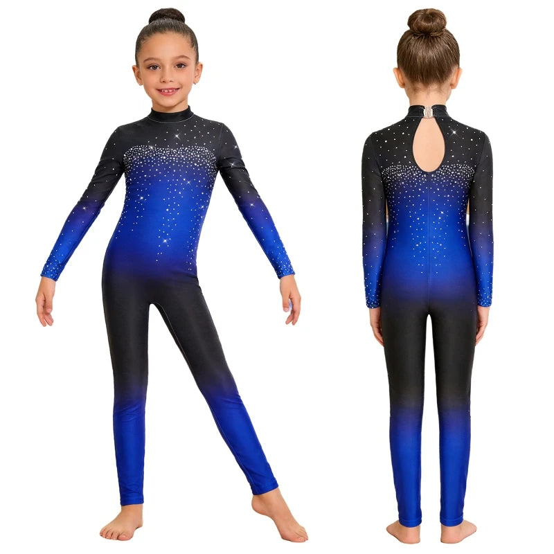 Comet Trail dance unitard in Blue – black to royal blue ombré with sparkle