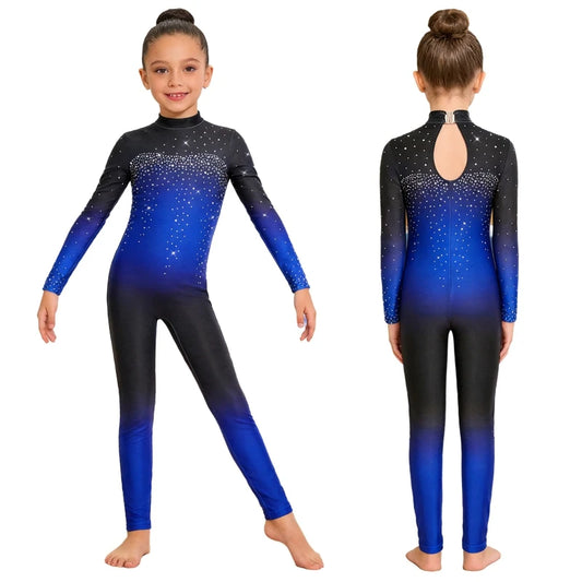 Comet Trail dance unitard in Blue – black to royal blue ombré with sparkle