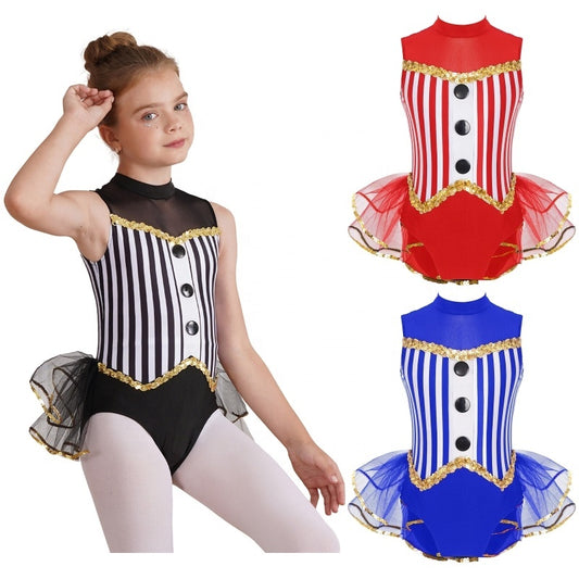 Big Top Beat black and white striped circus dance leotard with gold sequin trim and tulle bustle