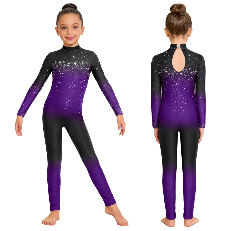 Comet Trail dance unitard in Purple – black to purple ombré with sparkle