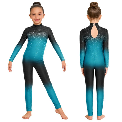 Comet Trail dance unitard in Light Blue – black to light blue ombré with sparkle